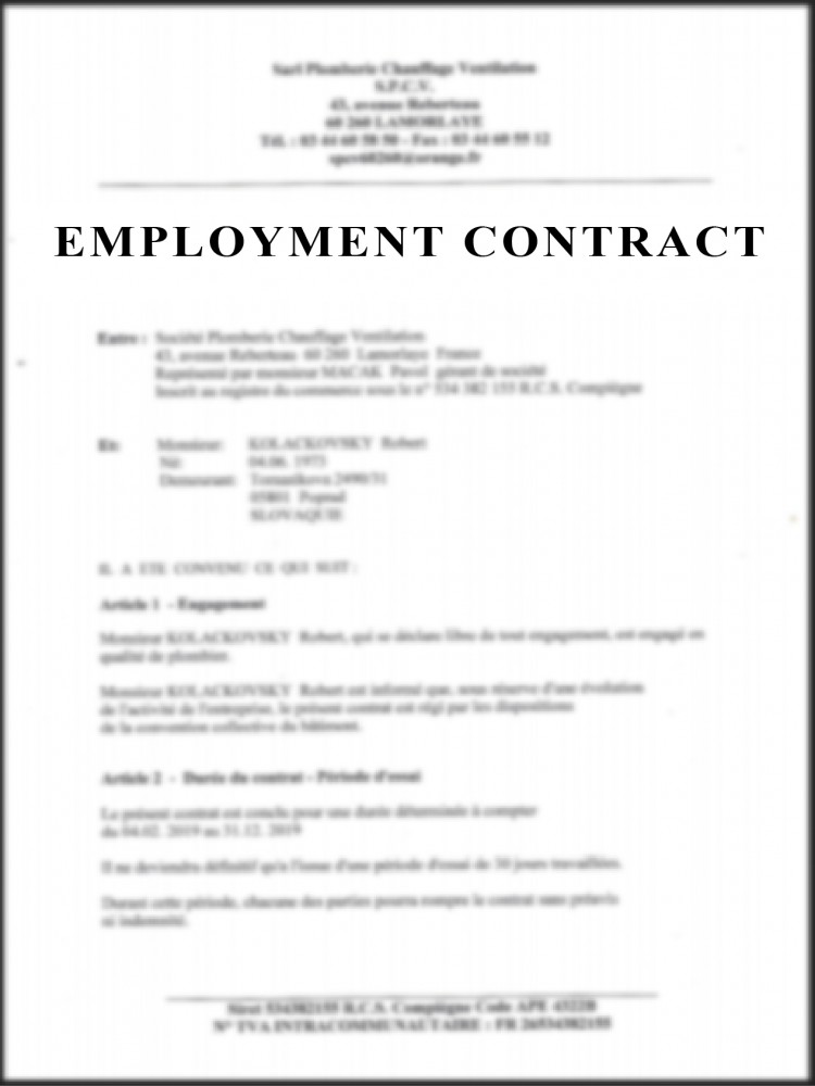 Translation of an EMPLOYMENT CONTRACT - the price is quoted per standard page = 270 words